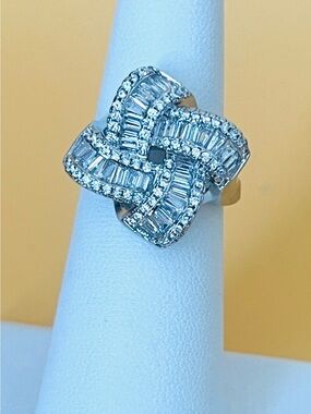 Sterling Silver clear Crystal Interwoven Statement Ring adjustable size